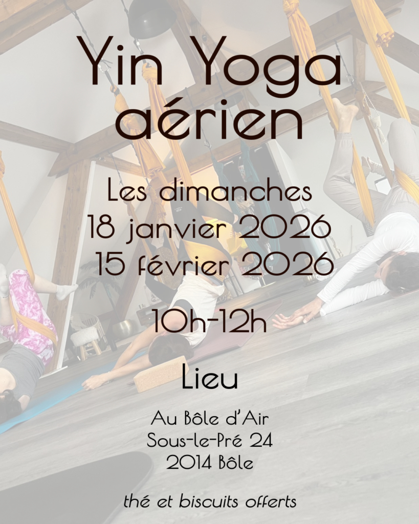 Affiche qui indique que les ateliers de Yin Yoga aérien auront lieu les dimanches 18 janvier 2026 et 15 février 2026 de 10h à 12h